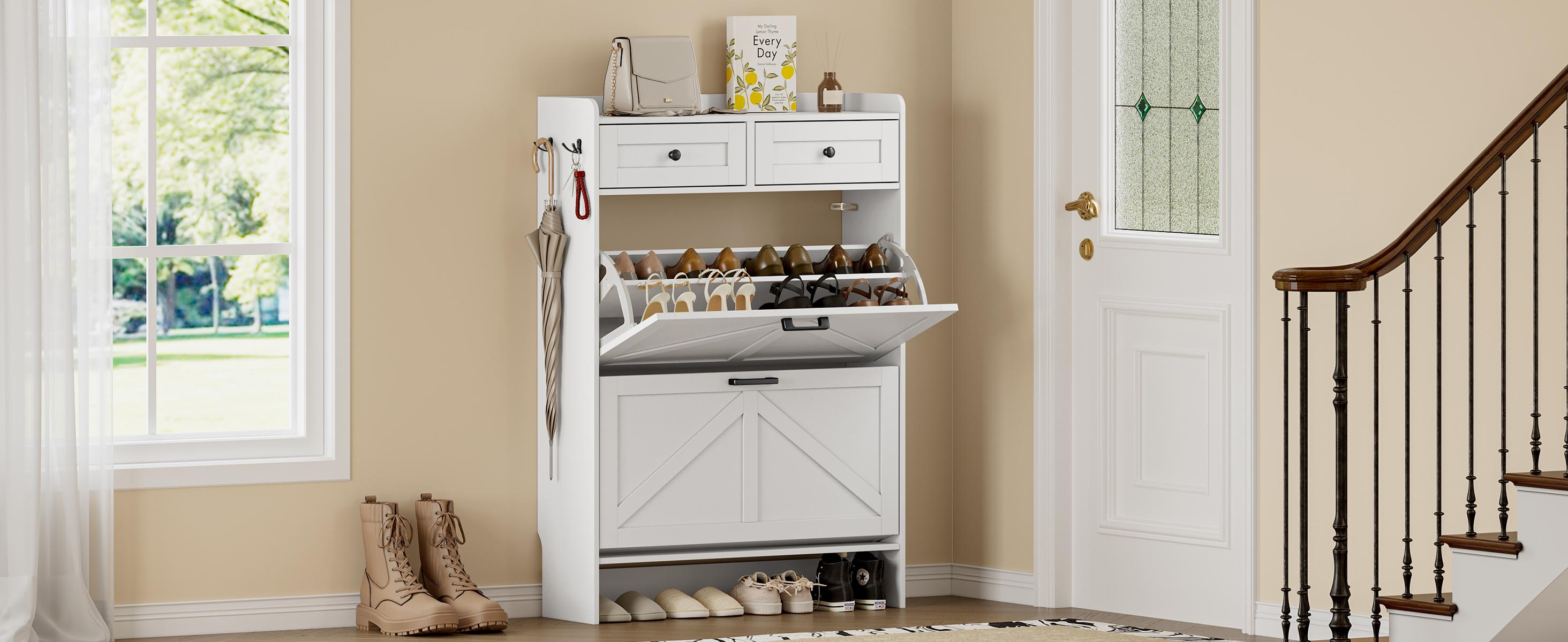 Shoe Storage Cabinet for Entryway, Farmhouse Narrow Shoe Cabinet with 2 Flip Drawers & Top Drawers, Adjustable Shelves & Hooks, Freestanding Hidden Rack Organizer for Hallway, Foyer Footwear Organization fathers day gift ideas,dorm essentials,home decor
