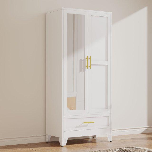 GEITIN Single Unit Cold Rolled Steel Mirrored Armoire Closet - 70.87"H Adjustable High Load-Bearing Rust Resistant Metal Wardrobe, Clothing Organization Storage with Hanging Rod, Mirror, 2 Drawers for Bathrooms to Hang Coats & Dresses