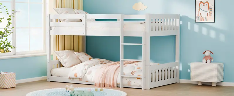 JOYMOR Solid Wood Low Twin Over Twin Bunk Bed for Kids/Junior, Bunk Bed Frame with Guardrails & Ladder for Boys Girls, No Box Spring Needed