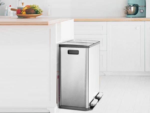 Sweetcrispy 16-Gal Stainless Steel Kitchen Trash Can - Dual Compartment, Fingerprint-Proof, Waterproof, Pedal Opener Lid, Stainless Steel Bins for Home & Office, Trash Cans For Kitchen, Foot Pedal