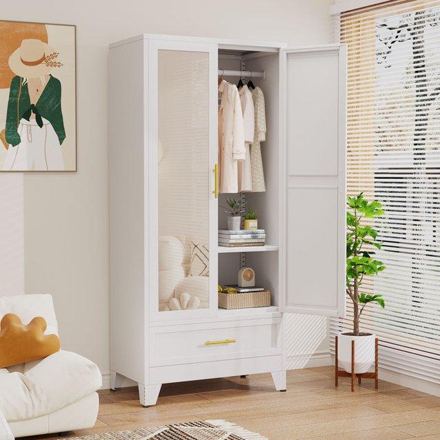 GEITIN Single Unit Cold Rolled Steel Mirrored Armoire Closet - 70.87"H Adjustable High Load-Bearing Rust Resistant Metal Wardrobe, Clothing Organization Storage with Hanging Rod, Mirror, 2 Drawers for Bathrooms to Hang Coats & Dresses