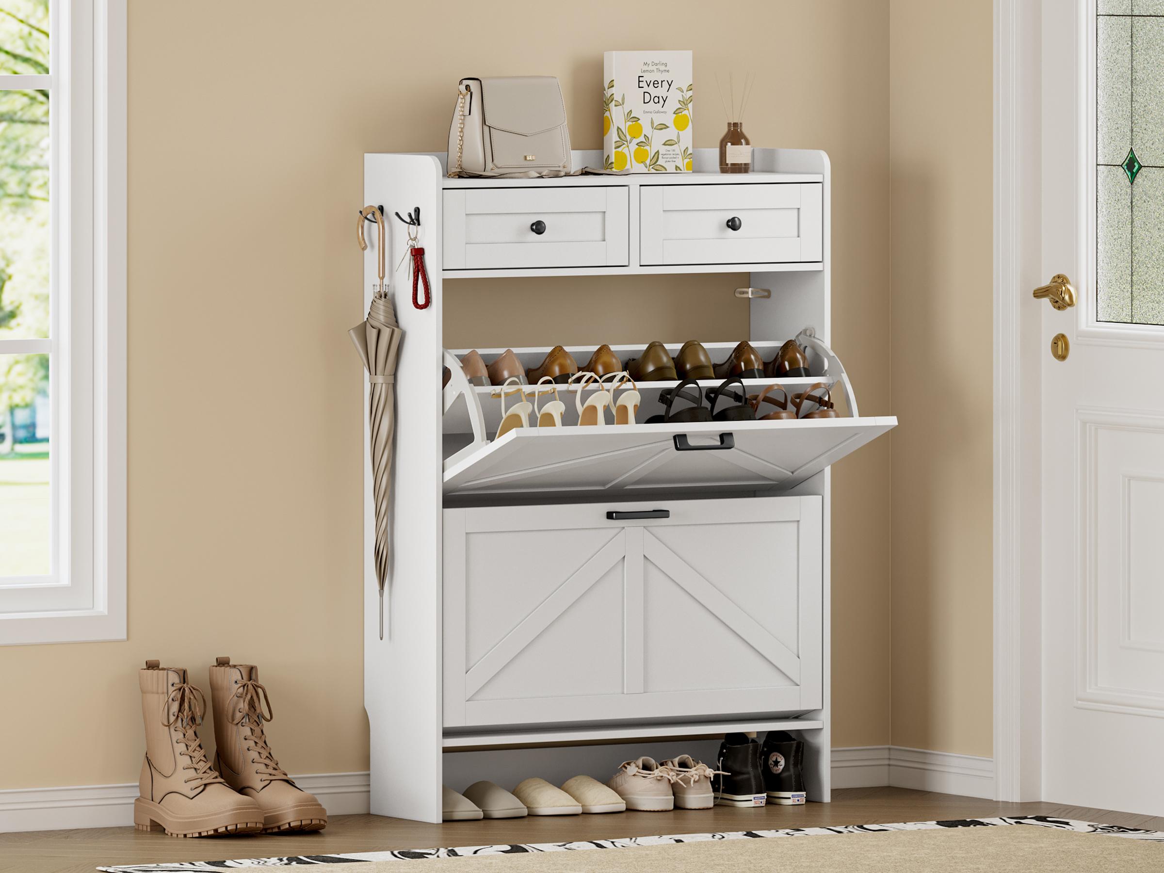 Shoe Storage Cabinet for Entryway, Farmhouse Narrow Shoe Cabinet with 2 Flip Drawers & Top Drawers, Adjustable Shelves & Hooks, Freestanding Hidden Rack Organizer for Hallway, Foyer Footwear Organization fathers day gift ideas,dorm essentials,home decor