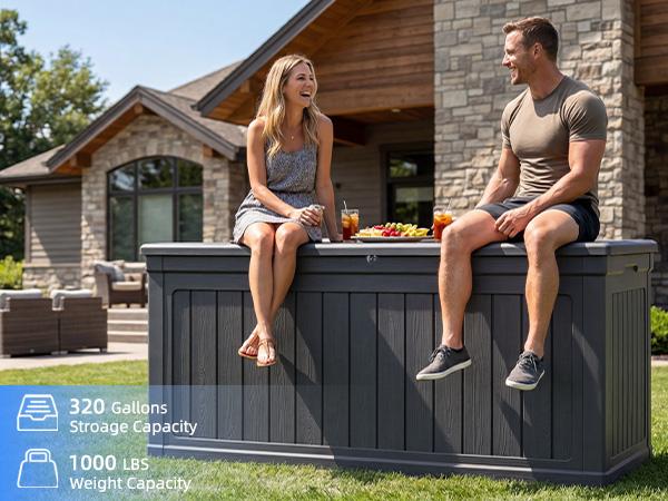 320 Gal Rectangular Plastic Outdoor Storage Deck Box - Waterproof UV-Resistant Lockable Double-Wall Resin Bin for Patio Furniture Cushions, Garden Tools - Home Decor Essential