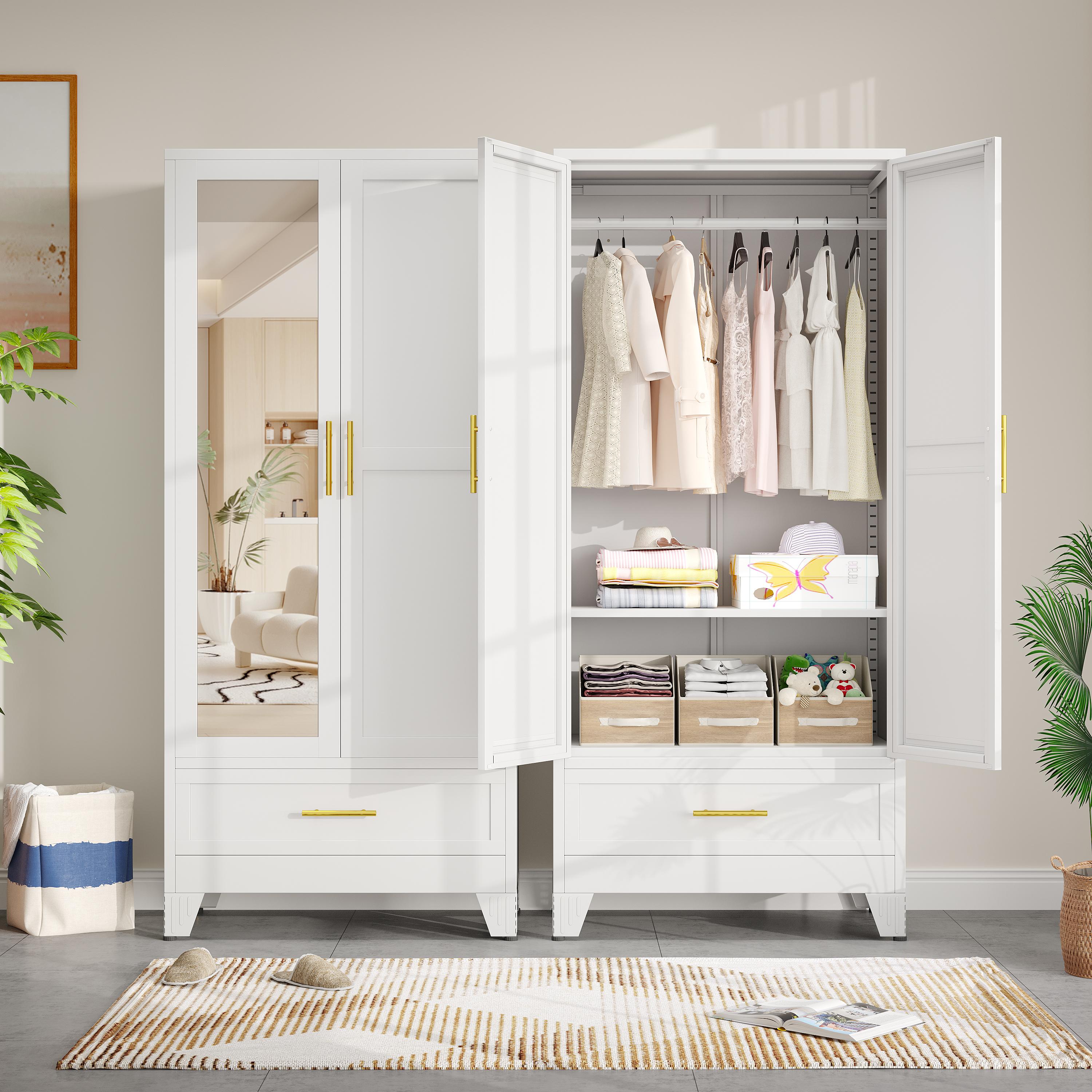 GEITIN Single Unit Cold Rolled Steel Mirrored Armoire Closet - 70.87"H Adjustable High Load-Bearing Rust Resistant Metal Wardrobe, Clothing Organization Storage with Hanging Rod, Mirror, 2 Drawers for Bathrooms to Hang Coats & Dresses