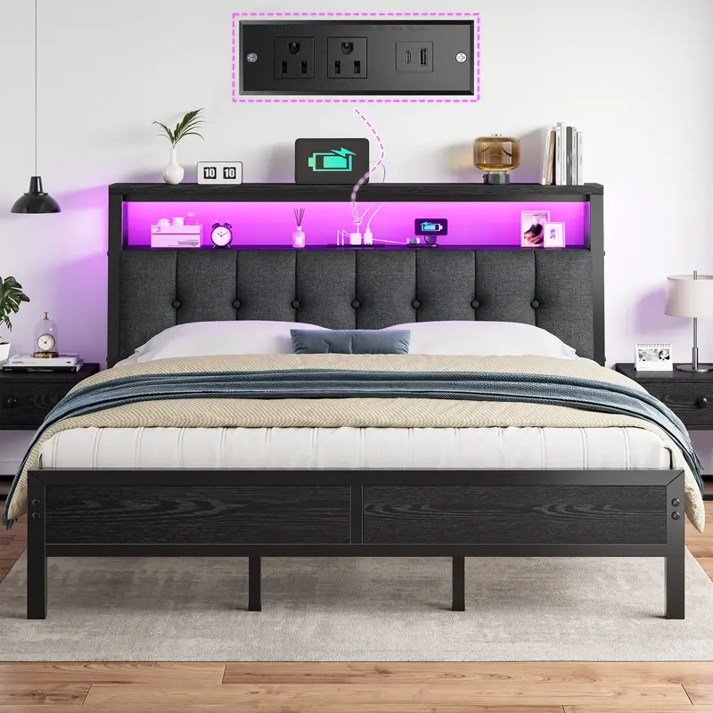 Base de Cama con Cabecera Tapizada LED, Repisa y Estación de Carga