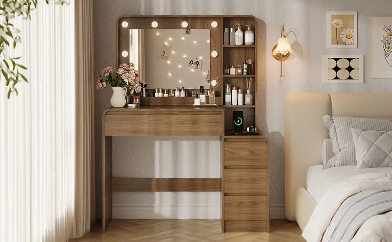 Women's Traditional 39.3" Makeup Dressing Desk - Mirrored Vanity Makeup Desk with Charging Station, Lights, 5 Drawers, Multi-Storage Shelves, Black Farmhouse Indoor Furniture for Room Decor Women's Traditional 39.3" Makeup Dressing Desk - Mirrored Vanity Makeup Desk with Charging Station, Lights, 5 Drawers, Multi-Storage Shelves, Black Farmhouse Indoor Furniture for Room Decor