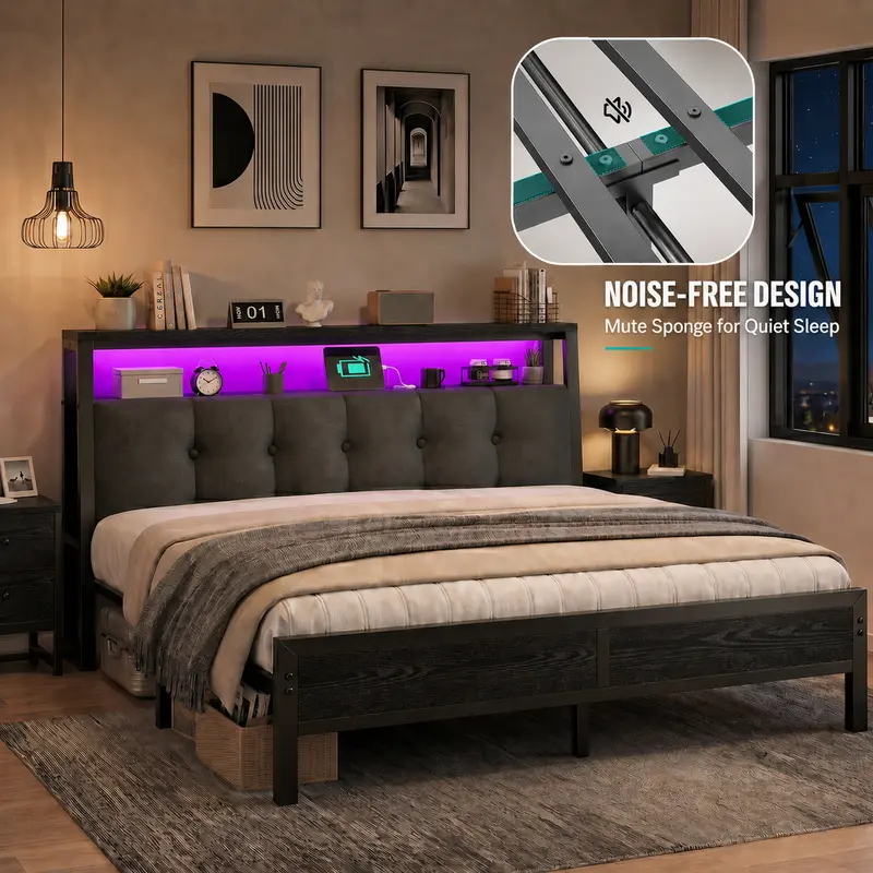 Raybee LED Bed Frame with Charge Station for Queen, Full, King, Platform Bed Frame with Upholstered Ergonomic Heardboard , 2 Tiers of Shelves & 12" Underbed Storage, Industrial Modern Bedroom Furniture, 1000lbs Capacity with Metal Slats & Frame, Black