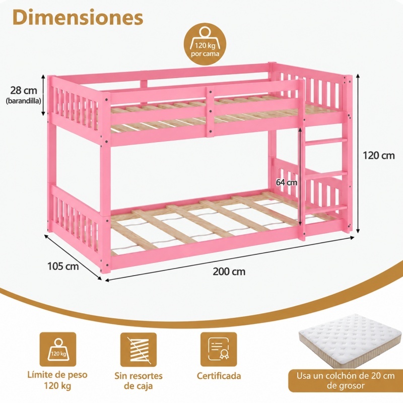 Litera Baja de Madera Maciza Individual Sobre Individual con Escalera y Barandales