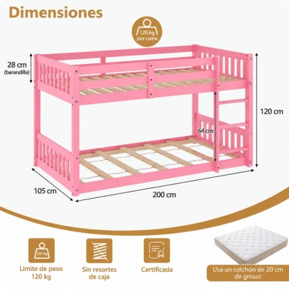 Litera Baja de Madera Maciza Individual Sobre Individual con Escalera y Barandales