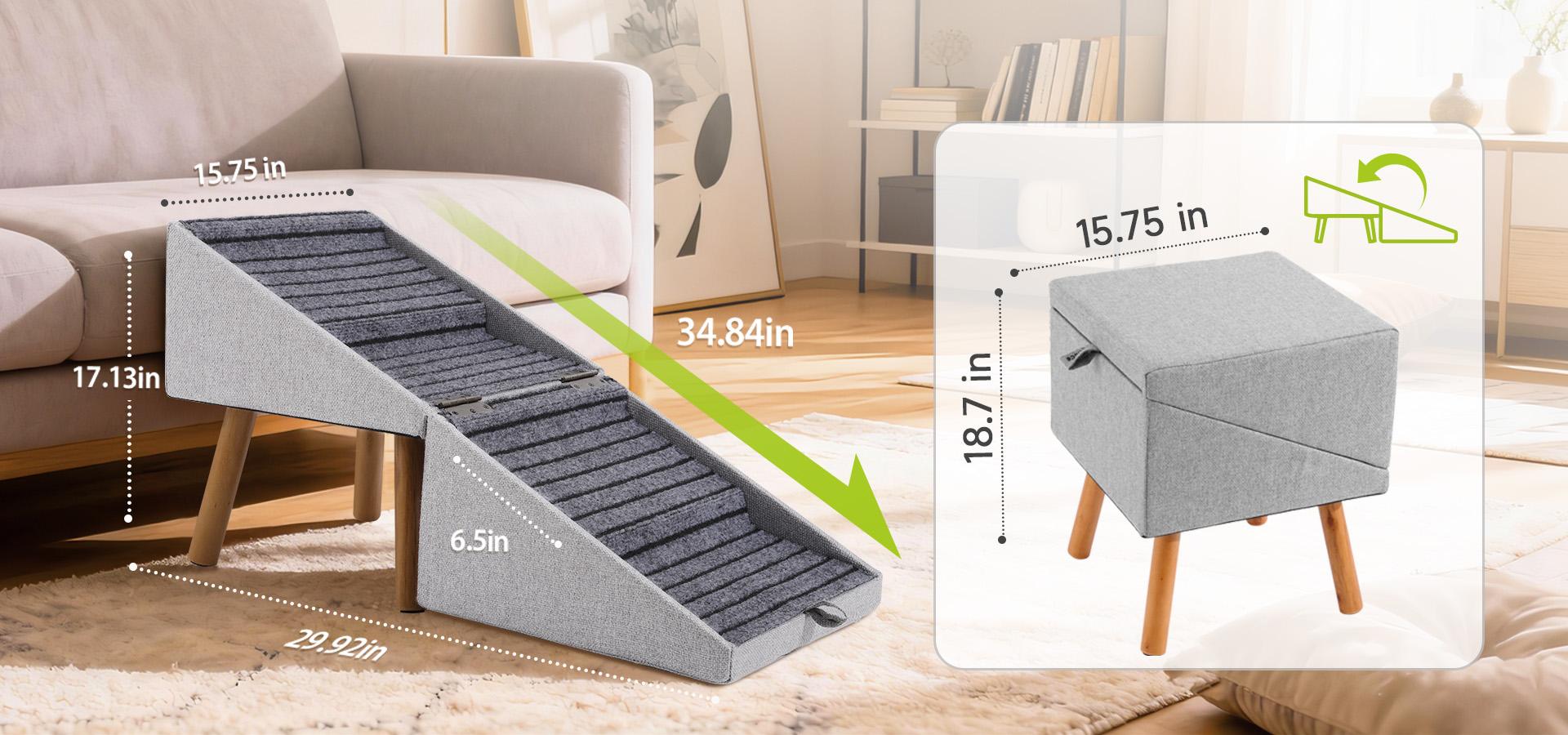17'' Dog Stairs Ramp for Couch | Ziluce Pet Steps Wooden Ottoman Ramp for Sofa or Short Bed, for Senior,Small, Medium Dogs, Frenchbull, Dachshund, IVDD | 2-in-1 Convertible Home Step Stool with Wood Foot