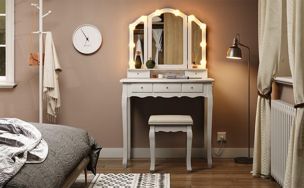 SIKAIC Makeup Vanity Set with LED Mirror, Small Dressing Table with Stool & Chair, White Bedroom Vanity Furniture Set,dorm essentials,home decor