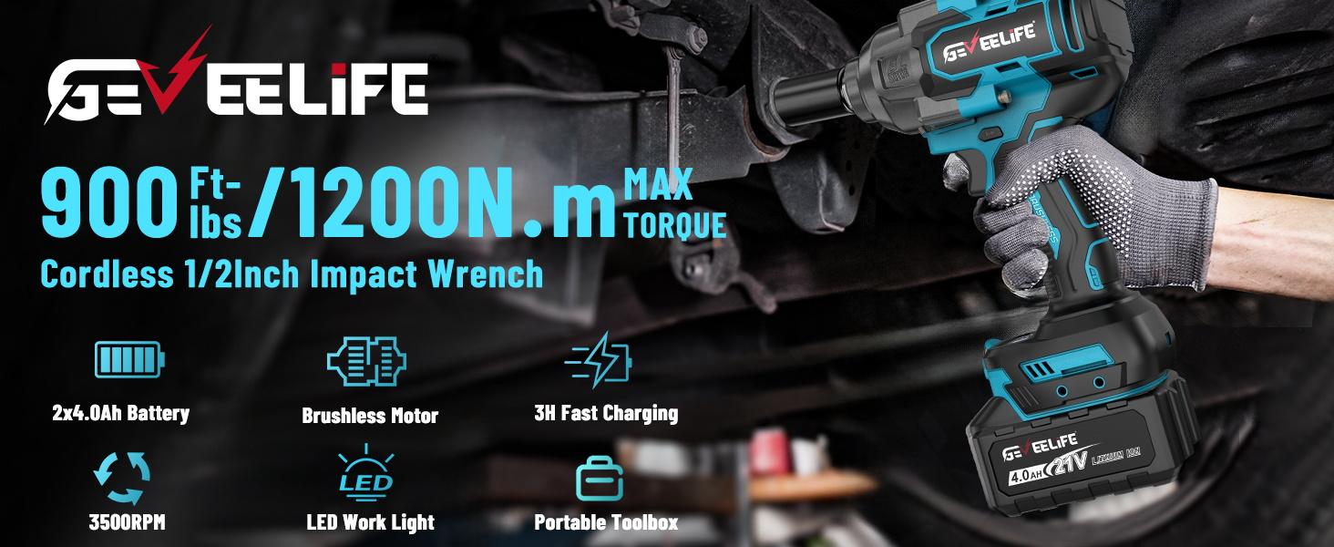 GEVEELIFE Brushless Pure Copper Motor Cordless Universal Impact Wrench Tool Kit, 1200NM 900FT-LBS High Torque Work Tool, 2x4.0Ah Batteries, Fast Charger, 3500RPM Max, 5 Sockets, 1 Extension Bar, No Sparks, Impact Wrench Ratchet for Automobiles