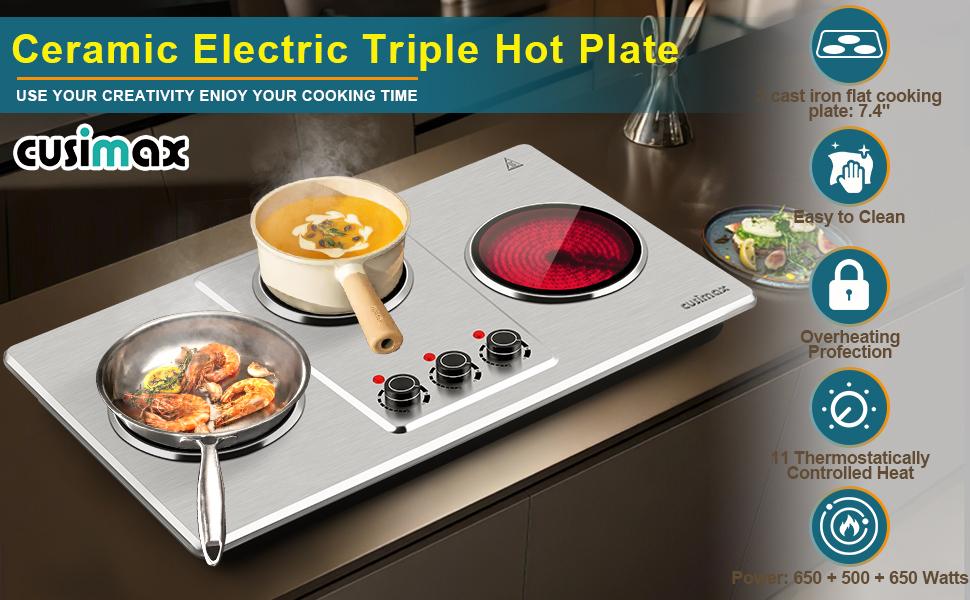 CUSIMAX 3-Burner Infrared Electric Hot Plate - 1800W Stainless Steel Kitchen Appliances Countertop Hob, 7in Ceramic Glass Cooktop, 11-Level Temp Setting,120V Input, Auto Shut-Off, Universal Cookware Compatibility, 30-Day Free Return,tiktokshopbacktoschool CUSIMAX 3-Burner Infrared Electric Hot Plate - 1800W Stainless Steel Kitchen Appliances Countertop Hob, 7in Ceramic Glass Cooktop, 11-Level Temp Setting,120V Input, Auto Shut-Off, Universal Cookware Compatibility, 30-Day Free Return,tiktokshopbacktoschool