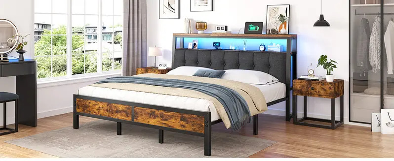 Raybee LED Bed Frame with Charge Station for Queen, Full, King, Platform Bed Frame with Upholstered Ergonomic Heardboard , 2 Tiers of Shelves & 12" Underbed Storage, Industrial Modern Bedroom Furniture, 1000lbs Capacity with Metal Slats & Frame, Black