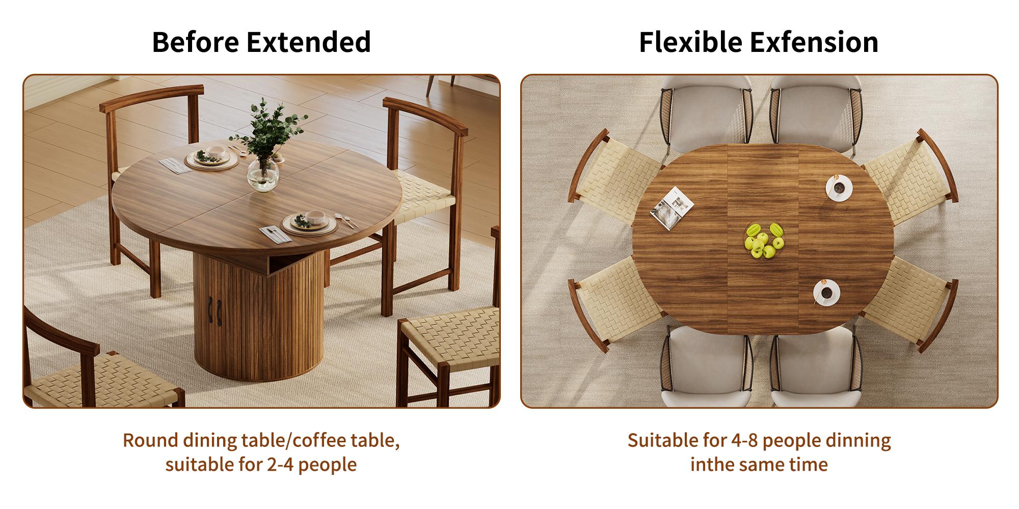 FUSOU 43'' to 59'' Extendable Round Dinning Table for 4-6-8, Dinning Room Kitchen Table with Storage, 43''-59'' Oval Circle Dinner Table with Wood Silde Door for Kitchen, Dining Room, Apartment, Walnut