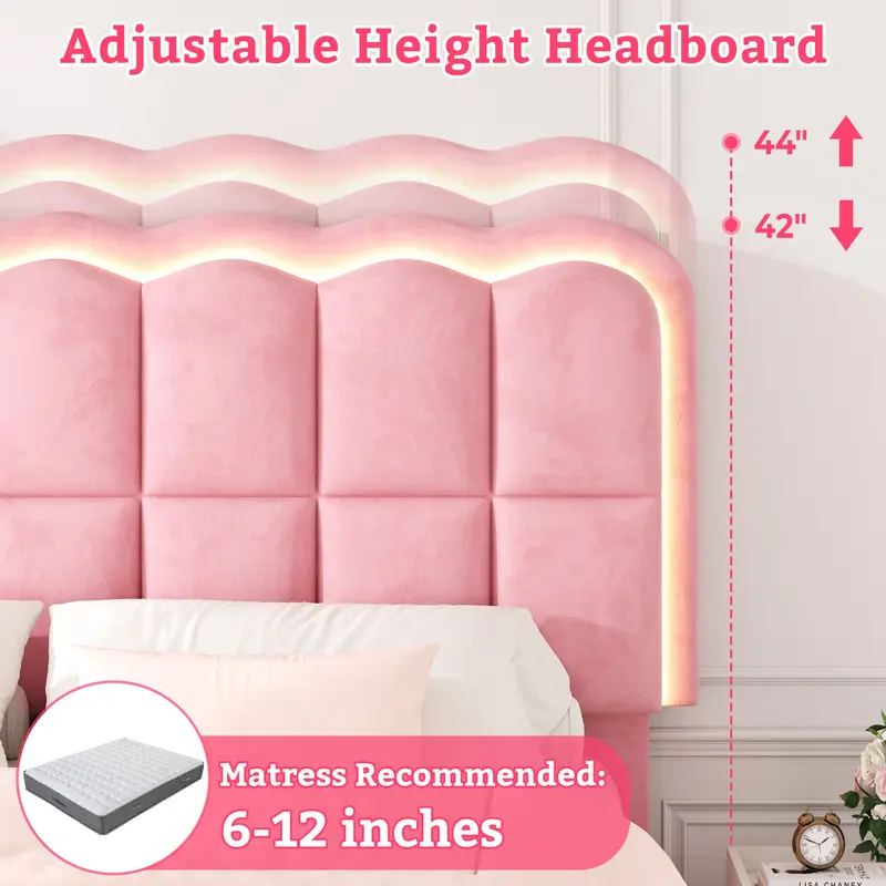 Base de cama tapizada con luces LED, 4 cajones, cabecera con repisa y estación de carga