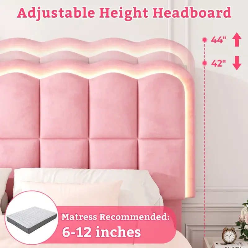 Base de cama tapizada con luces LED, 4 cajones, cabecera con repisa y estación de carga