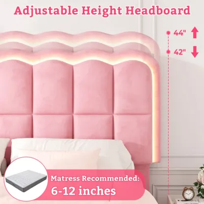 Base de cama tapizada con luces LED, 4 cajones, cabecera con repisa y estación de carga