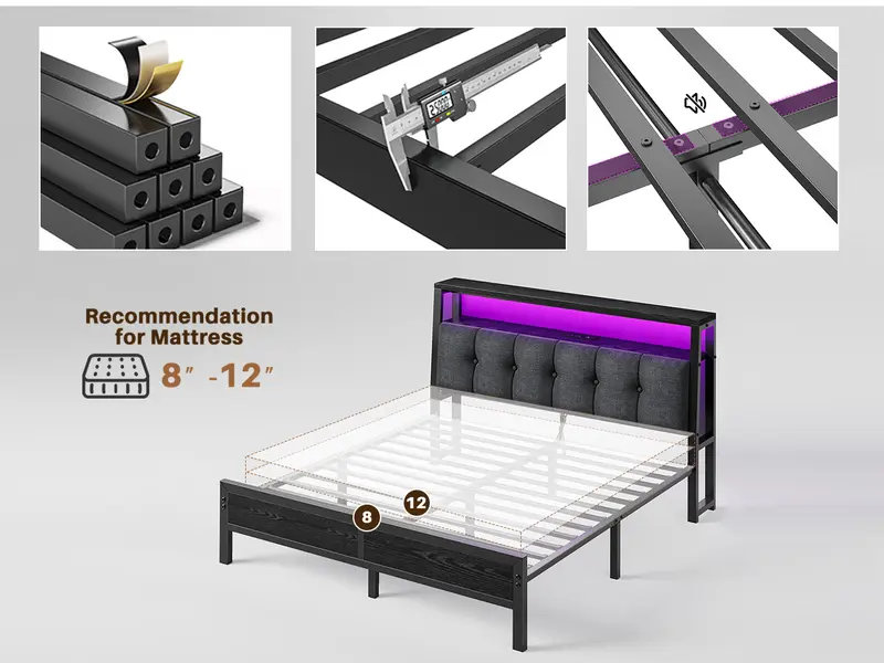 Raybee LED Bed Frame with Charge Station for Queen, Full, King, Platform Bed Frame with Upholstered Ergonomic Heardboard , 2 Tiers of Shelves & 12" Underbed Storage, Industrial Modern Bedroom Furniture, 1000lbs Capacity with Metal Slats & Frame, Black
