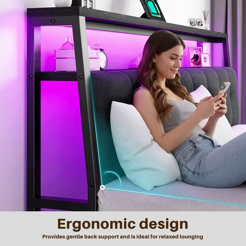 Base de Cama con Cabecera Tapizada LED, Repisa y Estación de Carga