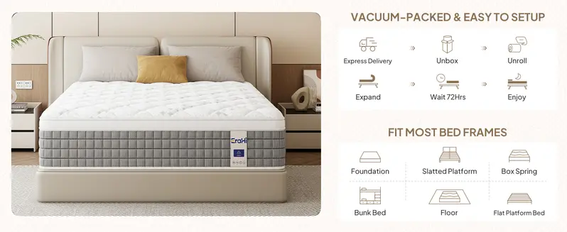 EraHi Hybrid Boxed Mattress - 12-14 in Twin, Full, Queen, King Sizes, Gel Foam & Individual Pocket Springs, Motion Isol, Fiberglass-Free, Pressure Relief, Balanced Softness, Queen Size Mattress EraHi Hybrid Boxed Mattress - 12-14 in Twin, Full, Queen, King Sizes, Gel Foam & Individual Pocket Springs, Motion Isol, Fiberglass-Free, Pressure Relief, Balanced Softness, Queen Size Mattress