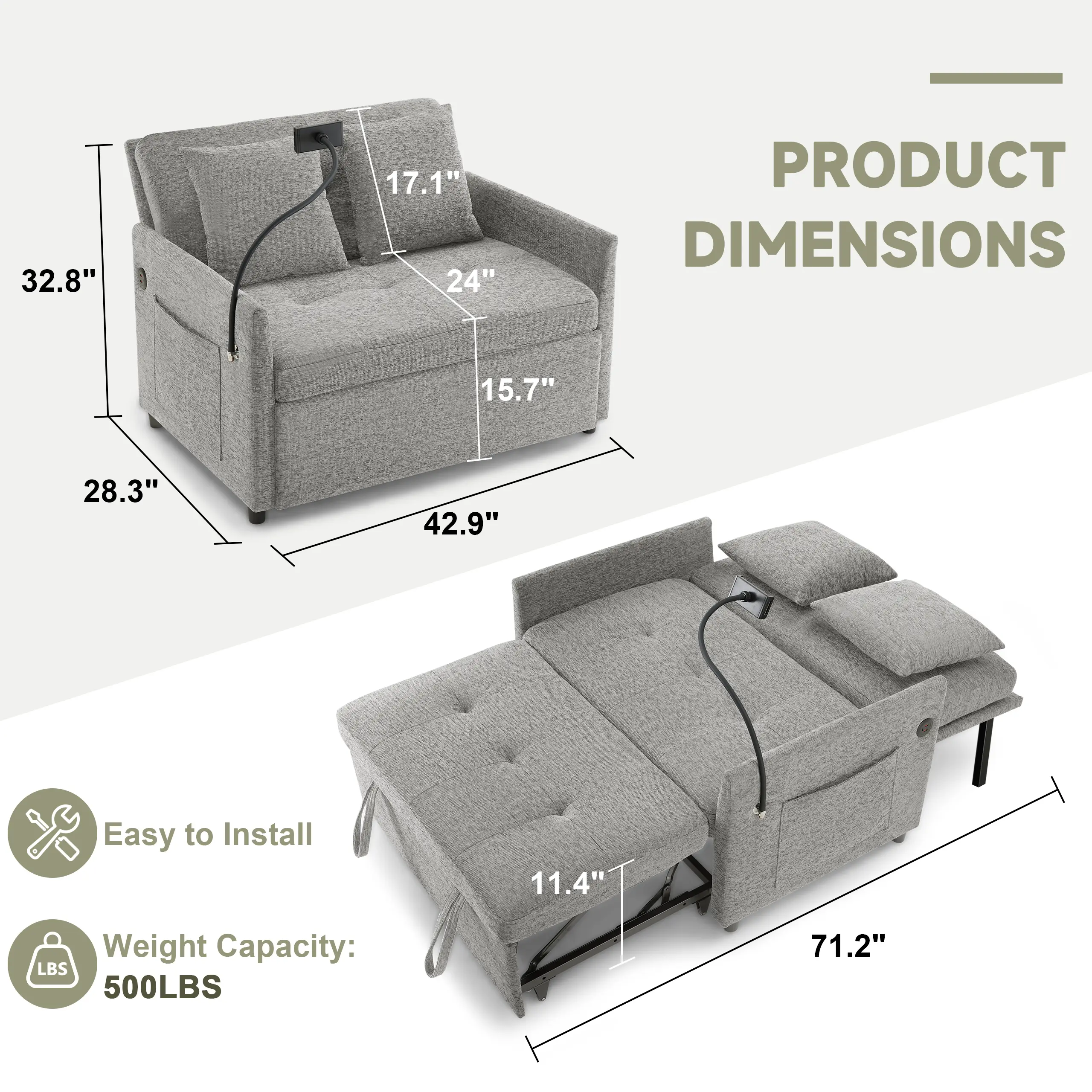 Sofá Cama 3 en 1 con USB y Tipo C