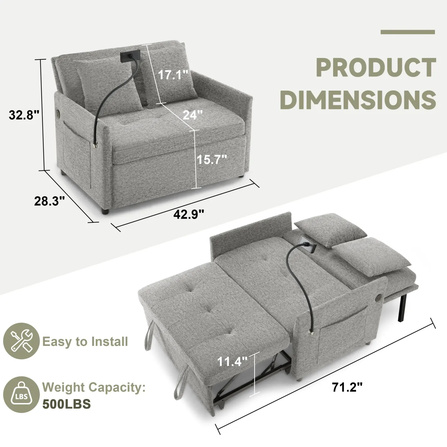 Sofá Cama 3 en 1 con USB y Tipo C