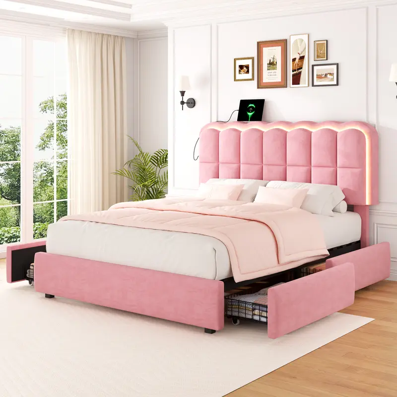 Base de cama tapizada con luces LED, 4 cajones, cabecera con repisa y estación de carga