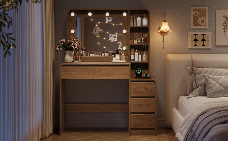 Women's Traditional 39.3" Makeup Dressing Desk - Mirrored Vanity Makeup Desk with Charging Station, Lights, 5 Drawers, Multi-Storage Shelves, Black Farmhouse Indoor Furniture for Room Decor Women's Traditional 39.3" Makeup Dressing Desk - Mirrored Vanity Makeup Desk with Charging Station, Lights, 5 Drawers, Multi-Storage Shelves, Black Farmhouse Indoor Furniture for Room Decor