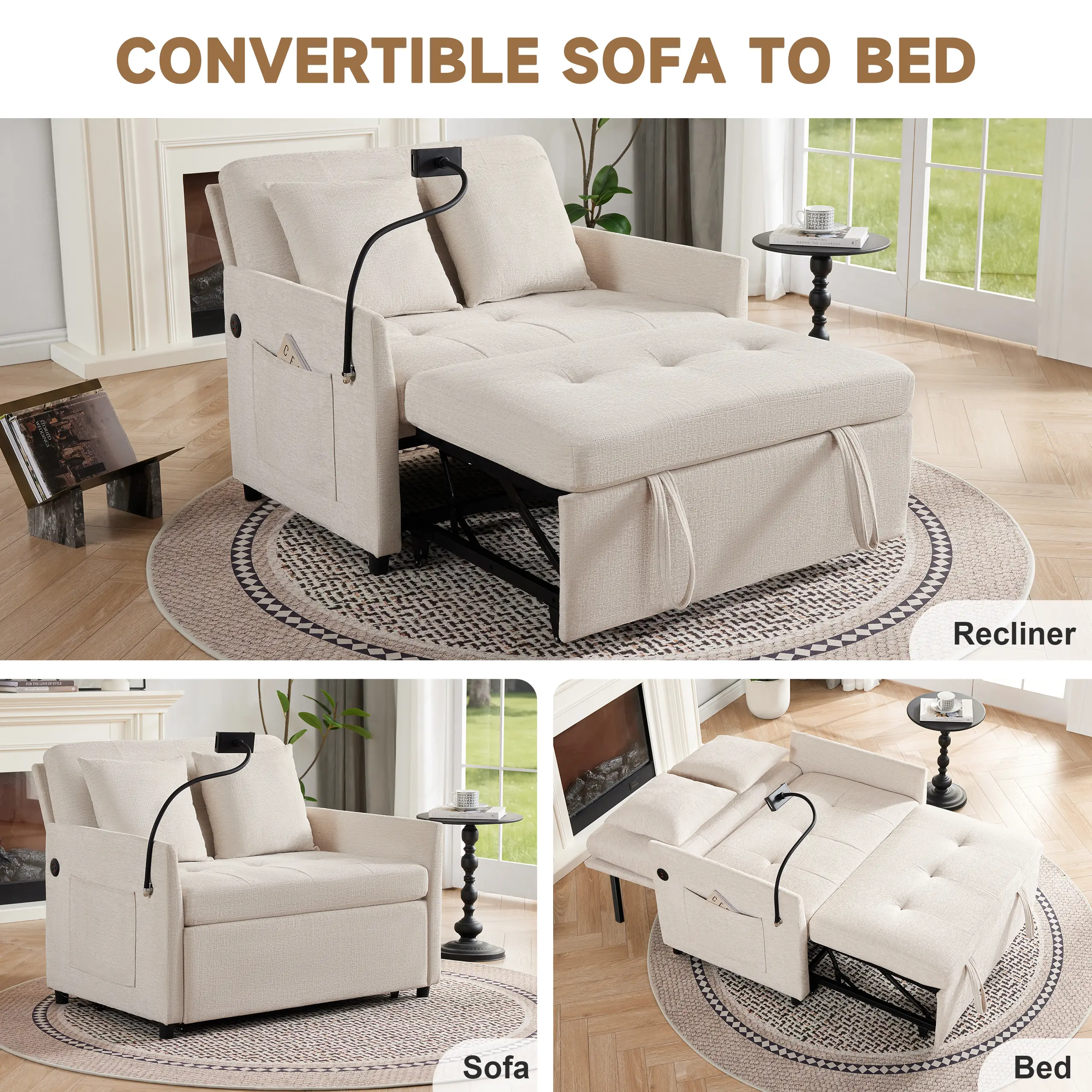 Sofá Cama 3 en 1 con USB y Tipo C