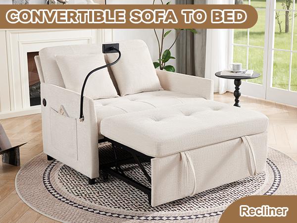Sleeper Loveseat with USB and Type-C Ports, 3 in 1 Convertible Sofa Bed with Phone Holder, Pull Out Sofa Bed, Loveseat Sleeper Sofa for Living Room, Adjustable Backrest, Side Pockets,