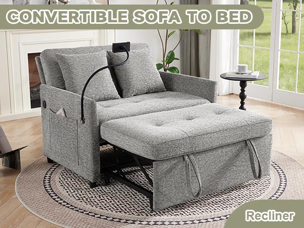 Sleeper Loveseat with USB and Type-C Ports, 3 in 1 Convertible Sofa Bed with Phone Holder, Pull Out Sofa Bed, Loveseat Sleeper Sofa for Living Room, Adjustable Backrest, Side Pockets,