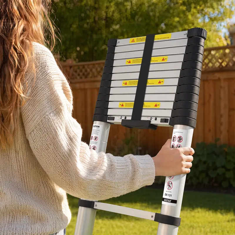 SEESE 12.5 FT Telescoping Ladder, Aluminum Telescopic Extension Ladder 330 lbs, One-Touch Retractable Compact Portable Ladder with Non-Slip Rubber Feet for Home, RV, Loft & Household Use SEESE 12.5 FT Telescoping Ladder, Aluminum Telescopic Extension Ladder 330 lbs, One-Touch Retractable Compact Portable Ladder with Non-Slip Rubber Feet for Home, RV, Loft & Household Use