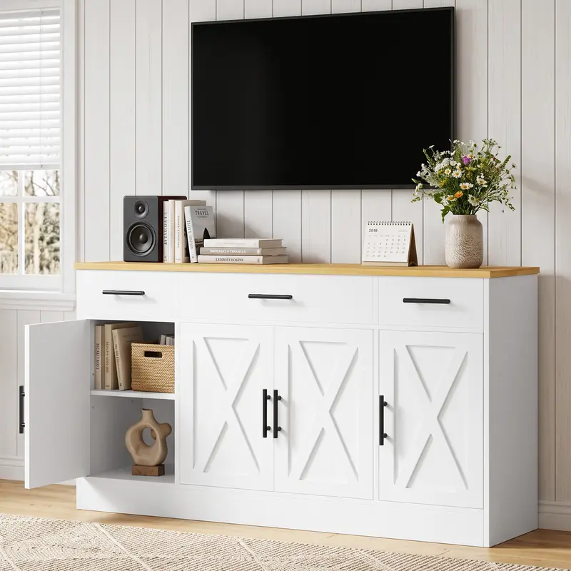 Walsunny Kitchen Buffet Sideboard Cabinet with 4 Doors and 3 Drawers, Entryway Adjustable Storage Shelf, Farmhouse Coffee Bar Cabinet for Kitchen, White Wooden Storage Cabinet Walsunny Kitchen Buffet Sideboard Cabinet with 4 Doors and 3 Drawers, Entryway Adjustable Storage Shelf, Farmhouse Coffee Bar Cabinet for Kitchen, White Wooden Storage Cabinet