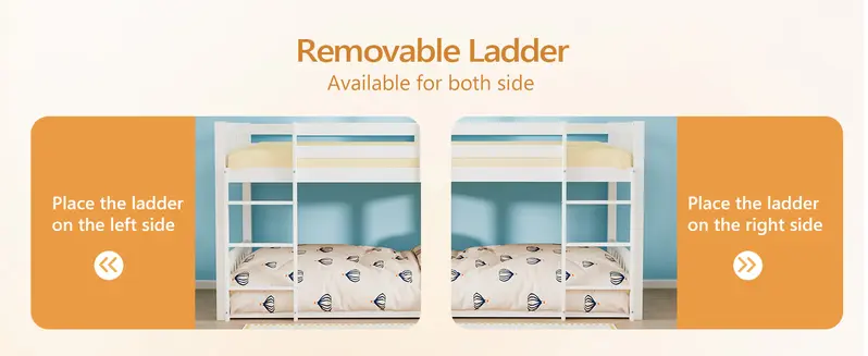 JOYMOR Solid Wood Low Twin Over Twin Bunk Bed for Kids/Junior, Bunk Bed Frame with Guardrails & Ladder for Boys Girls, No Box Spring Needed