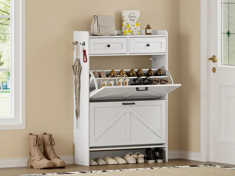 Wood Farmhouse Narrow Footwear Organization Drawer Dresser Cabinet - Black, 9.25d x 29.92w x 42.72h, 2 Flip Compartments, Top Drawer, Adjustable Shelves, Hooks, Freestanding Hidden Rack, Home Furniture, Room Storage Organizer for Entryway