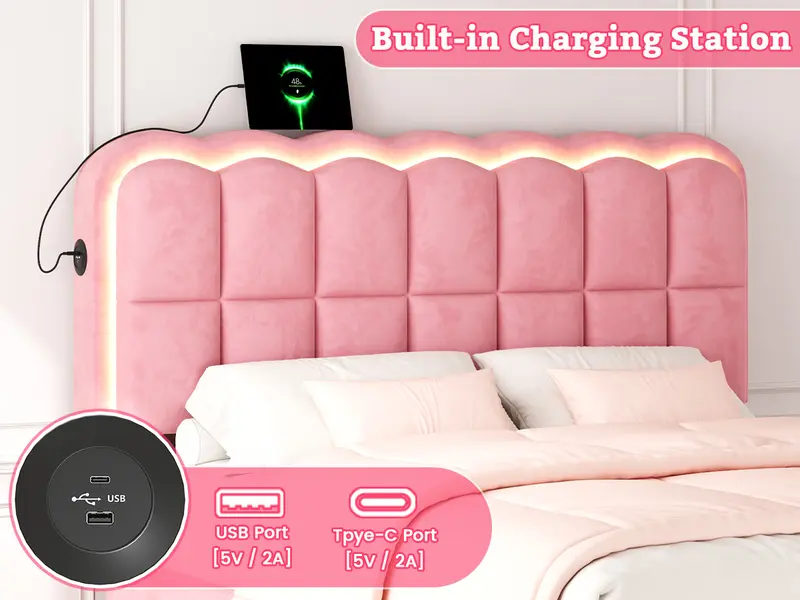 Mraeer Modern Bed Frame with 4 Big Storage Drawers for Queen/Full/Twin Size, Luxury Upholstered Platform LED Bed Frame with Built-in Charging Station & Shelf on Headboard - Contemporary Furniture, Dorms, Attic, Guestroom, 1000LBS Capacity