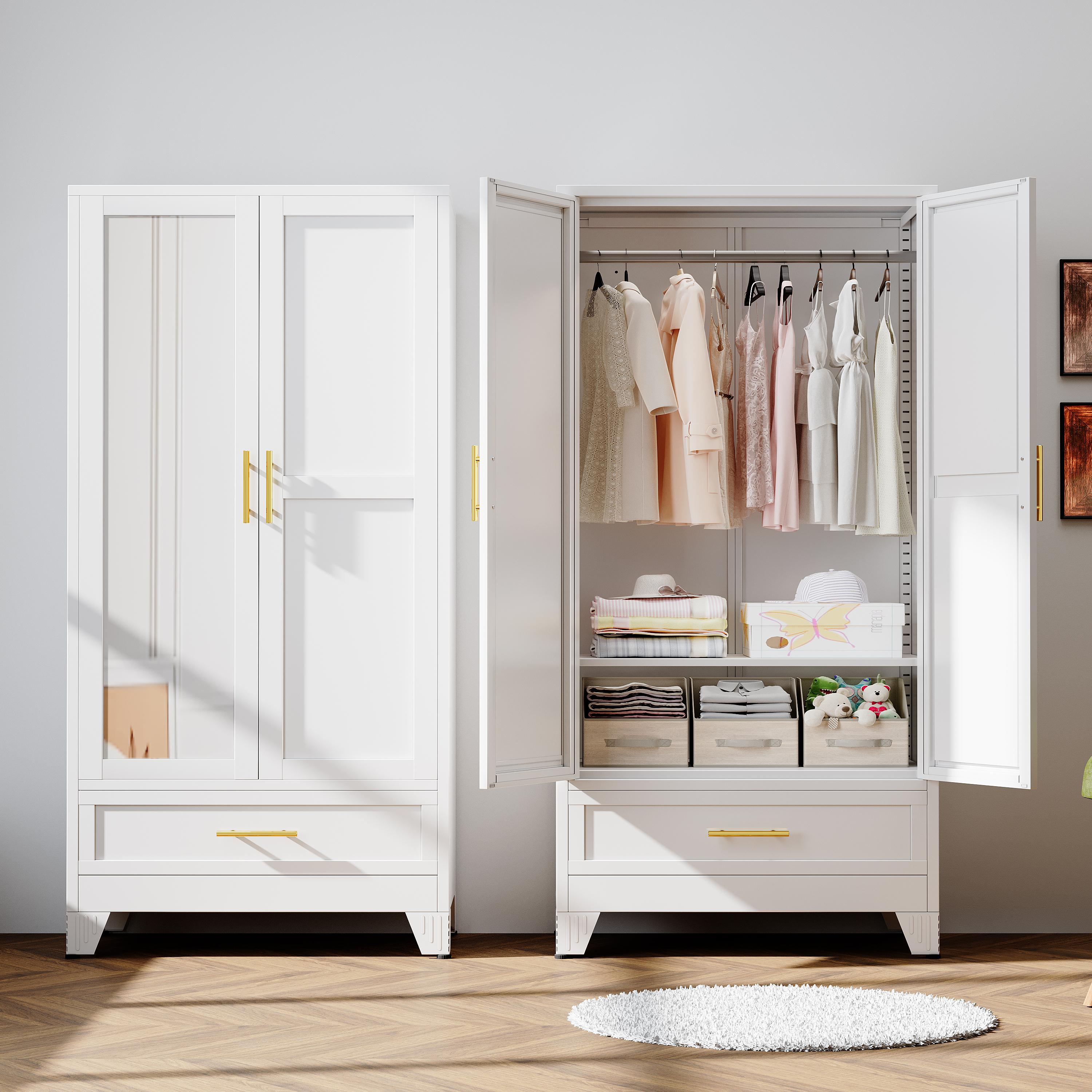 GEITIN Single Unit Cold Rolled Steel Mirrored Armoire Closet - 70.87"H Adjustable High Load-Bearing Rust Resistant Metal Wardrobe, Clothing Organization Storage with Hanging Rod, Mirror, 2 Drawers for Bathrooms to Hang Coats & Dresses