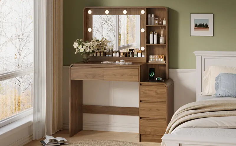 Women's Traditional 39.3" Makeup Dressing Desk - Mirrored Vanity Makeup Desk with Charging Station, Lights, 5 Drawers, Multi-Storage Shelves, Black Farmhouse Indoor Furniture for Room Decor Women's Traditional 39.3" Makeup Dressing Desk - Mirrored Vanity Makeup Desk with Charging Station, Lights, 5 Drawers, Multi-Storage Shelves, Black Farmhouse Indoor Furniture for Room Decor