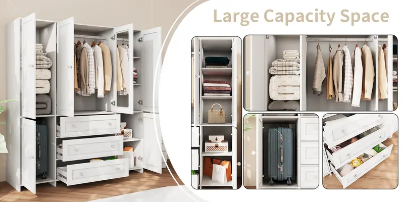 VOWNER 71" Large Armoire Wardrobe Closet with 3 Drawers and Mirror, 6 Doors Tall Armoire Closet Organizer for Bedroom Laundry Room VOWNER 71" Large Armoire Wardrobe Closet with 3 Drawers and Mirror, 6 Doors Tall Armoire Closet Organizer for Bedroom Laundry Room