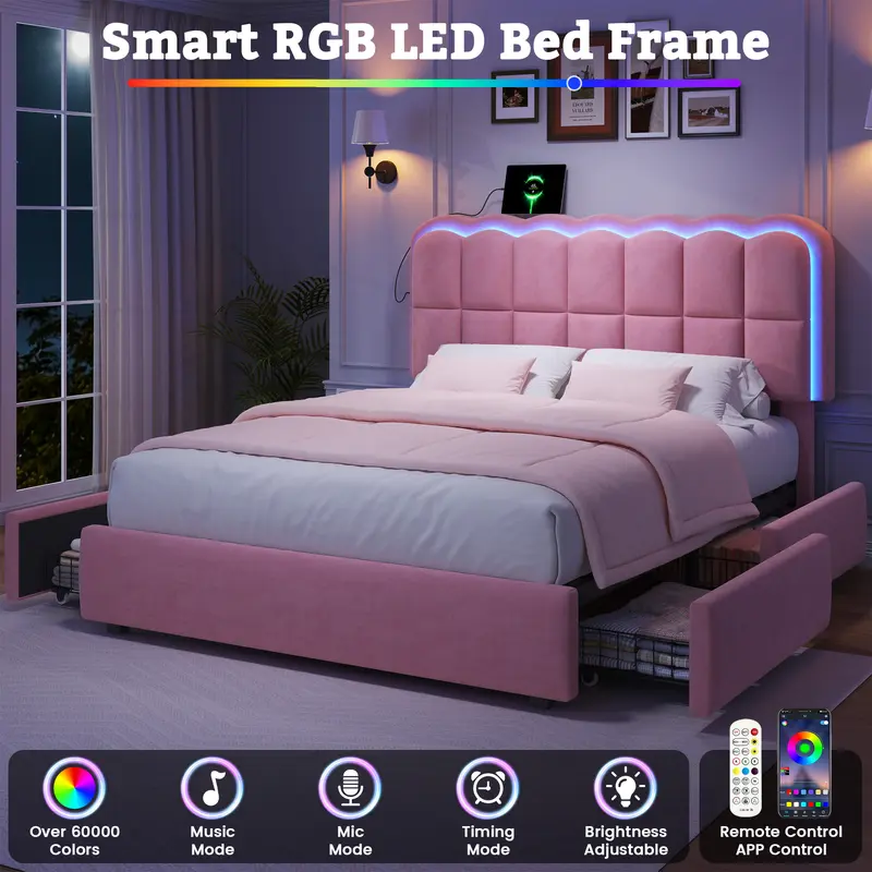 Base de cama tapizada con luces LED, 4 cajones, cabecera con repisa y estación de carga