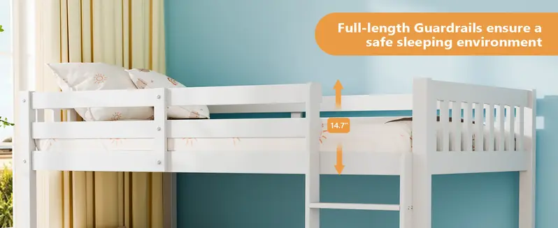 JOYMOR Solid Wood Low Twin Over Twin Bunk Bed for Kids/Junior, Bunk Bed Frame with Guardrails & Ladder for Boys Girls, No Box Spring Needed