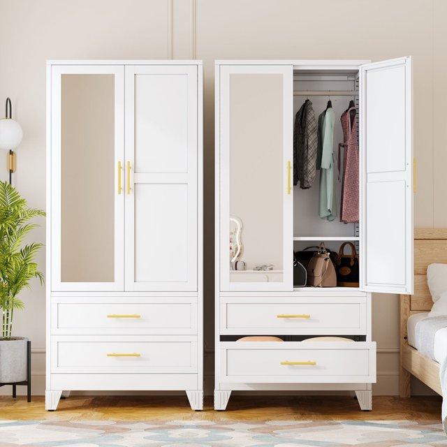 GEITIN Single Unit Cold Rolled Steel Mirrored Armoire Closet - 70.87"H Adjustable High Load-Bearing Rust Resistant Metal Wardrobe, Clothing Organization Storage with Hanging Rod, Mirror, 2 Drawers for Bathrooms to Hang Coats & Dresses