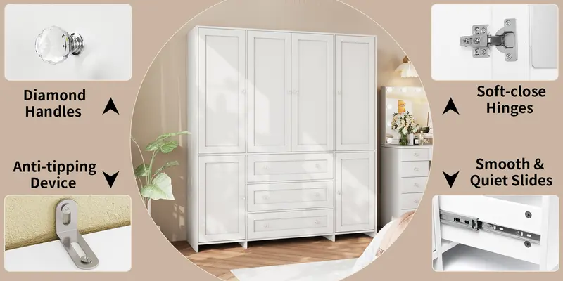 VOWNER 71" Large Armoire Wardrobe Closet with 3 Drawers and Mirror, 6 Doors Tall Armoire Closet Organizer for Bedroom Laundry Room VOWNER 71" Large Armoire Wardrobe Closet with 3 Drawers and Mirror, 6 Doors Tall Armoire Closet Organizer for Bedroom Laundry Room