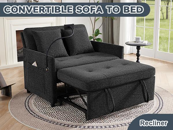 Sleeper Loveseat with USB and Type-C Ports, 3 in 1 Convertible Sofa Bed with Phone Holder, Pull Out Sofa Bed, Loveseat Sleeper Sofa for Living Room, Adjustable Backrest, Side Pockets,