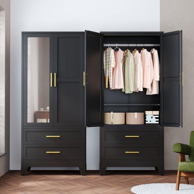 GEITIN Single Unit Cold Rolled Steel Mirrored Armoire Closet - 70.87"H Adjustable High Load-Bearing Rust Resistant Metal Wardrobe, Clothing Organization Storage with Hanging Rod, Mirror, 2 Drawers for Bathrooms to Hang Coats & Dresses