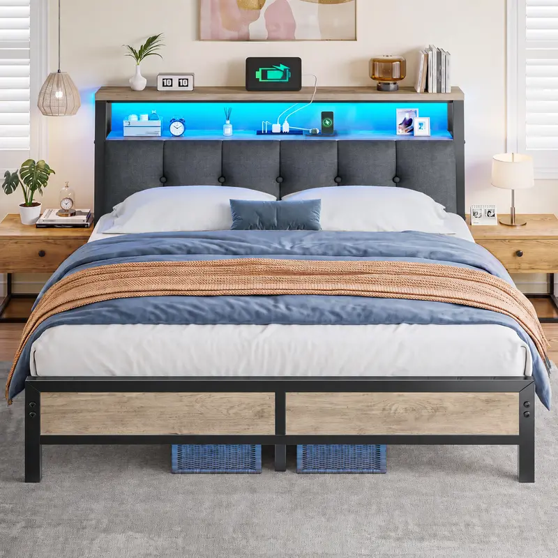 Base de Cama con Cabecera Tapizada LED, Repisa y Estación de Carga