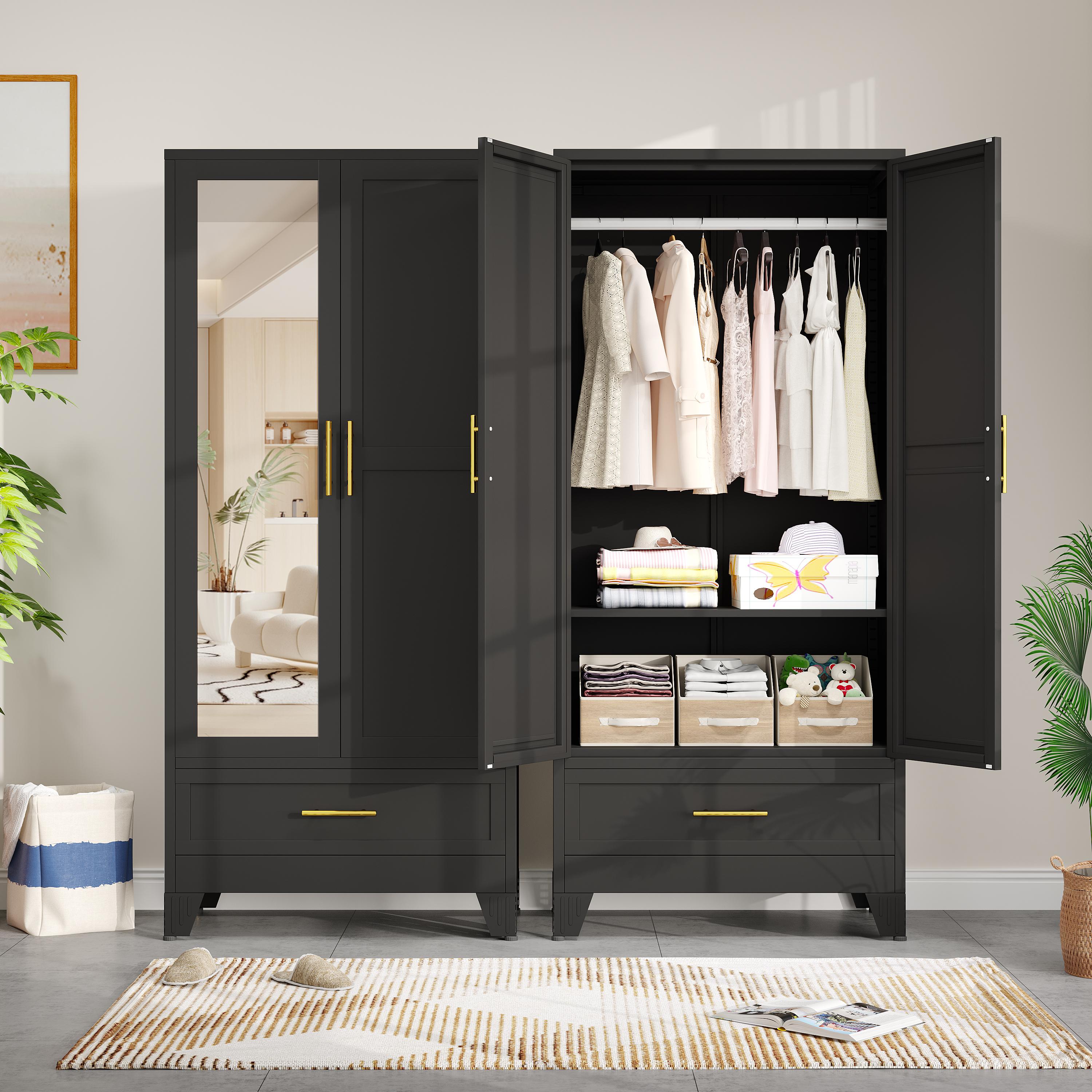 GEITIN Single Unit Cold Rolled Steel Mirrored Armoire Closet - 70.87"H Adjustable High Load-Bearing Rust Resistant Metal Wardrobe, Clothing Organization Storage with Hanging Rod, Mirror, 2 Drawers for Bathrooms to Hang Coats & Dresses