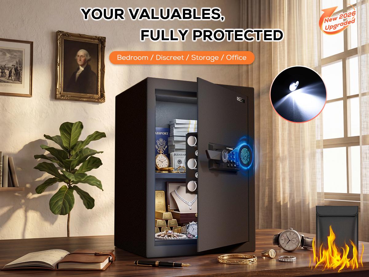 2026 Solid Smart Biometric Luxury Jewelry Security Safe Box - Anti Theft Safes for Unisex Adults Home Security System, 16 Gauge Alloy Steel, 0.1S Fingerprint Quick Unlock, 4 Access Methods, Adjustable Shelf, LED Light, Alarm, AA Required, Fireproof Design 2026 Solid Smart Biometric Luxury Jewelry Security Safe Box - Anti Theft Safes for Unisex Adults Home Security System, 16 Gauge Alloy Steel, 0.1S Fingerprint Quick Unlock, 4 Access Methods, Adjustable Shelf, LED Light, Alarm, AA Required, Fireproof Design