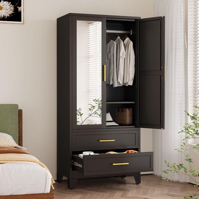 GEITIN Single Unit Cold Rolled Steel Mirrored Armoire Closet - 70.87"H Adjustable High Load-Bearing Rust Resistant Metal Wardrobe, Clothing Organization Storage with Hanging Rod, Mirror, 2 Drawers for Bathrooms to Hang Coats & Dresses